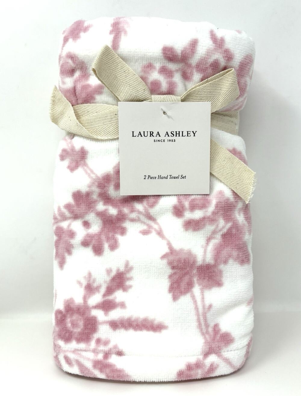 Laura Ashley Pink Floral Bath Hand Towels Set 2 Pcs Toile Flowers White NWT